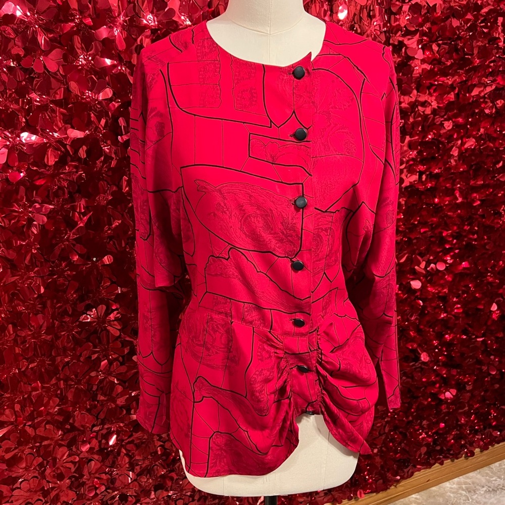 VTG Red Flowy Silk Dynasty Mobwife Long Sleeve Blouse Sz Small